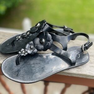 Coach Black T-Strap Sandals with Floral Accents